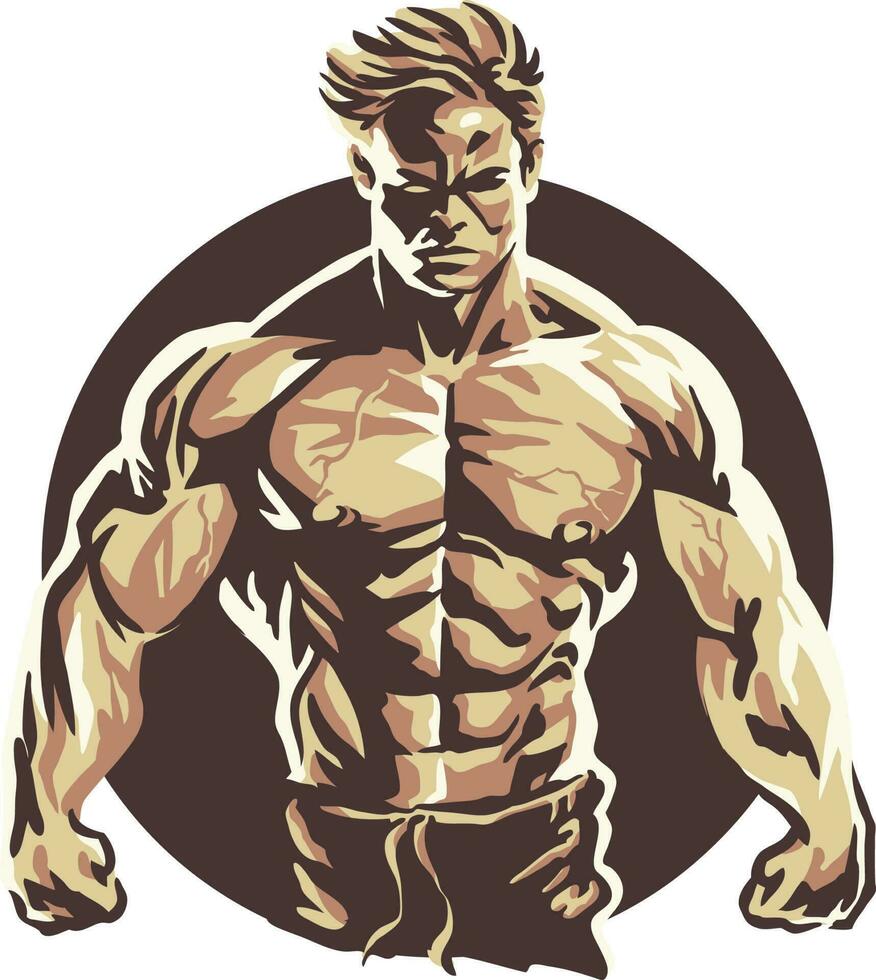 une coloré dessin animé illustration de une bodybuilder avec une gros biceps pour Gym et aptitude centre vecteur