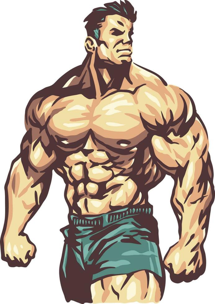 une dessin animé illustration de une bodybuilder homme fort avec une gros muscle vecteur