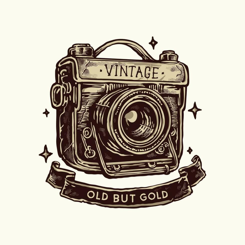 une ancien caméra logo avec une ruban autour il. appelé vieux mais or vecteur