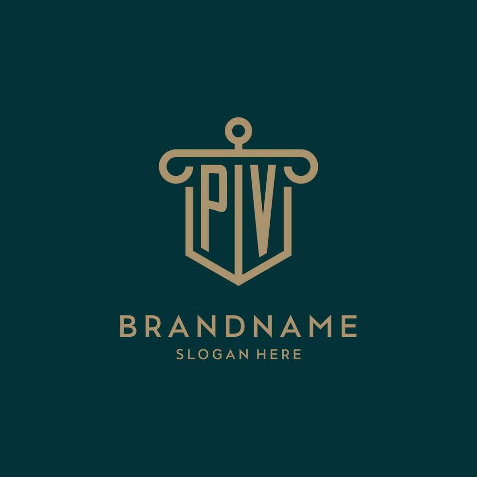 pv monogramme initiale logo conception avec bouclier et pilier forme style vecteur