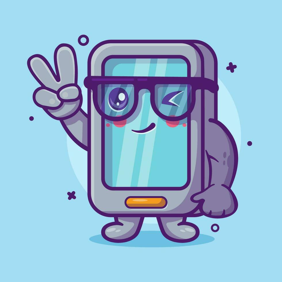 mignonne téléphone intelligent personnage mascotte avec paix signe main geste isolé dessin animé dans plat style conception vecteur