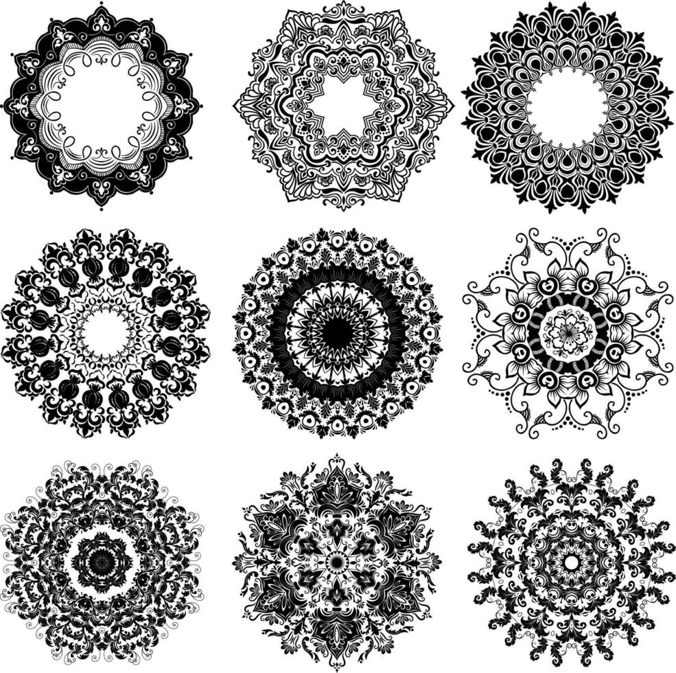 ensemble de différent ornemental rond dentelle avec damassé et arabesque éléments silhouette vecteur illustration