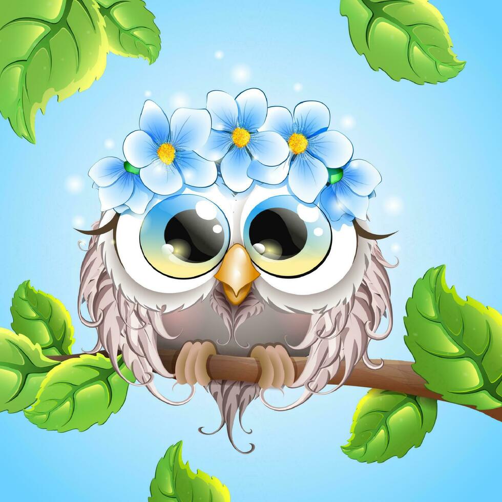 mignonne duveteux marrant dessin animé hibou fille avec couronne de fleurs séance sur arbre branche avec feuilles. vecteur