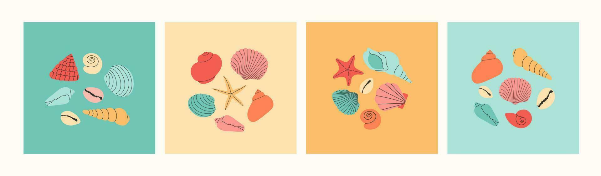 ensemble de divers coloré coquillages et étoiles de mer. main tiré moderne Créatif concept. été vacances collection, tropical plage coquilles. vecteur modèle pour bannière, salutation carte, affiche.