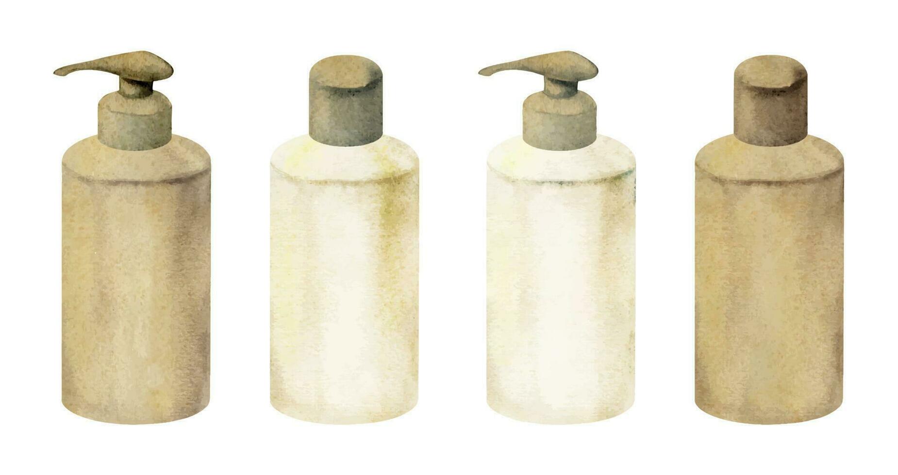 main tiré aquarelle spa soin de la peau une baignoire beauté bouteille et dispenceur des produits emballer. isolé objet sur blanc Contexte. conception pour mur art, bien-être station balnéaire, imprimer, tissu, couverture, carte, brochure. vecteur