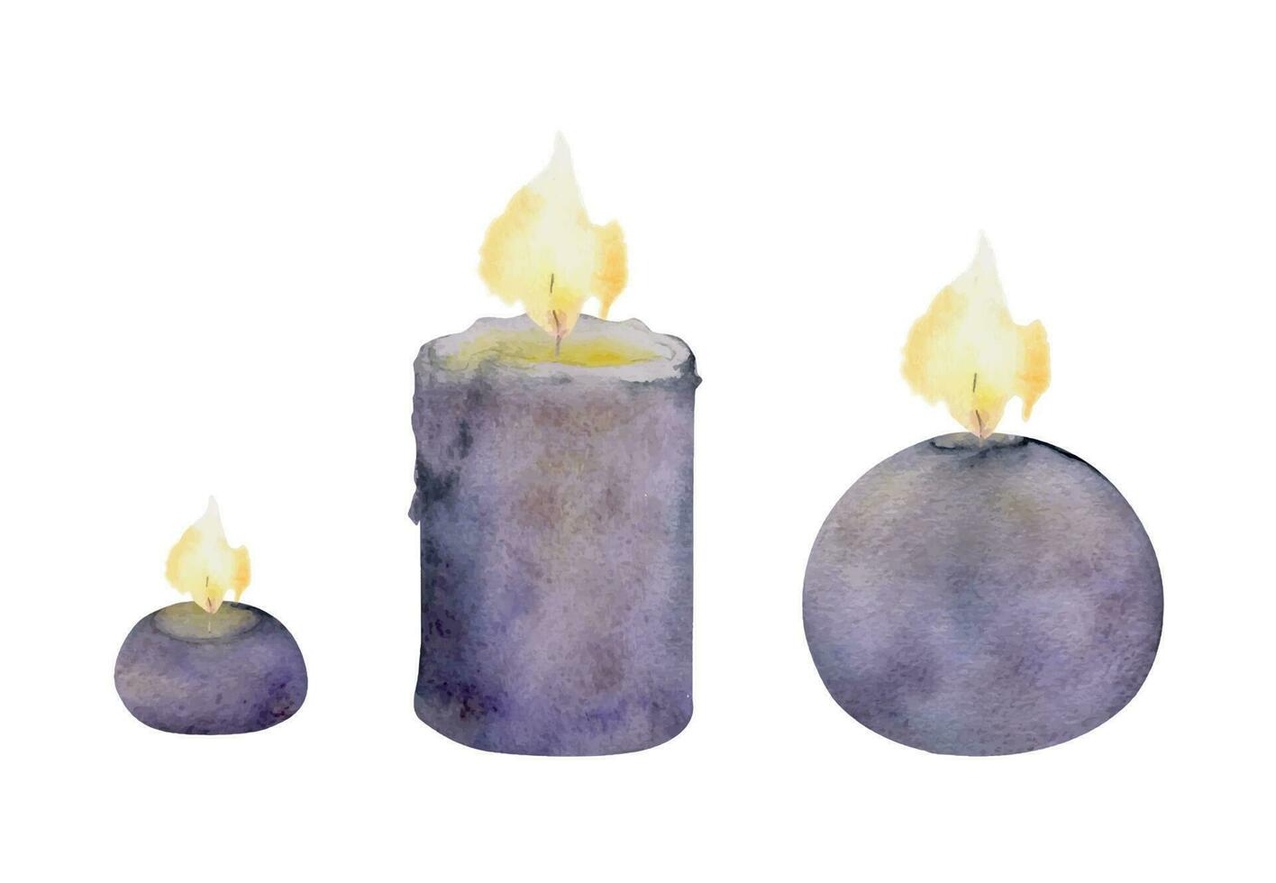 main tiré aquarelle assorti bougies allumé avec flammes. votives, des balles, thé lumières, piliers. isolé objet sur blanc Contexte. conception pour bien-être station balnéaire, imprimer, tissu, couverture, carte, brochure. vecteur