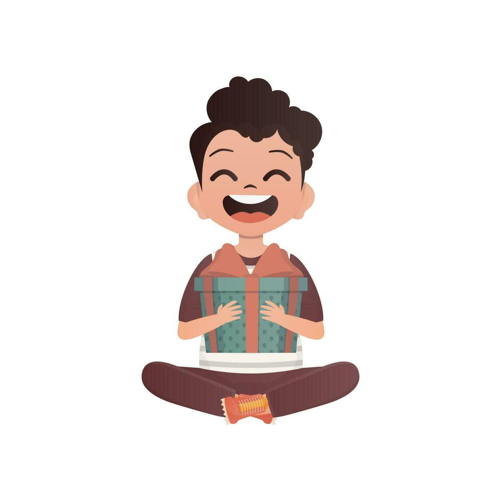 une petit garçon enfant est représenté dans une lotus position et détient une cadeau boîte dans le sien mains. anniversaire, Nouveau année ou vacances thème. dessin animé style isolé sur blanc Contexte. vecteur