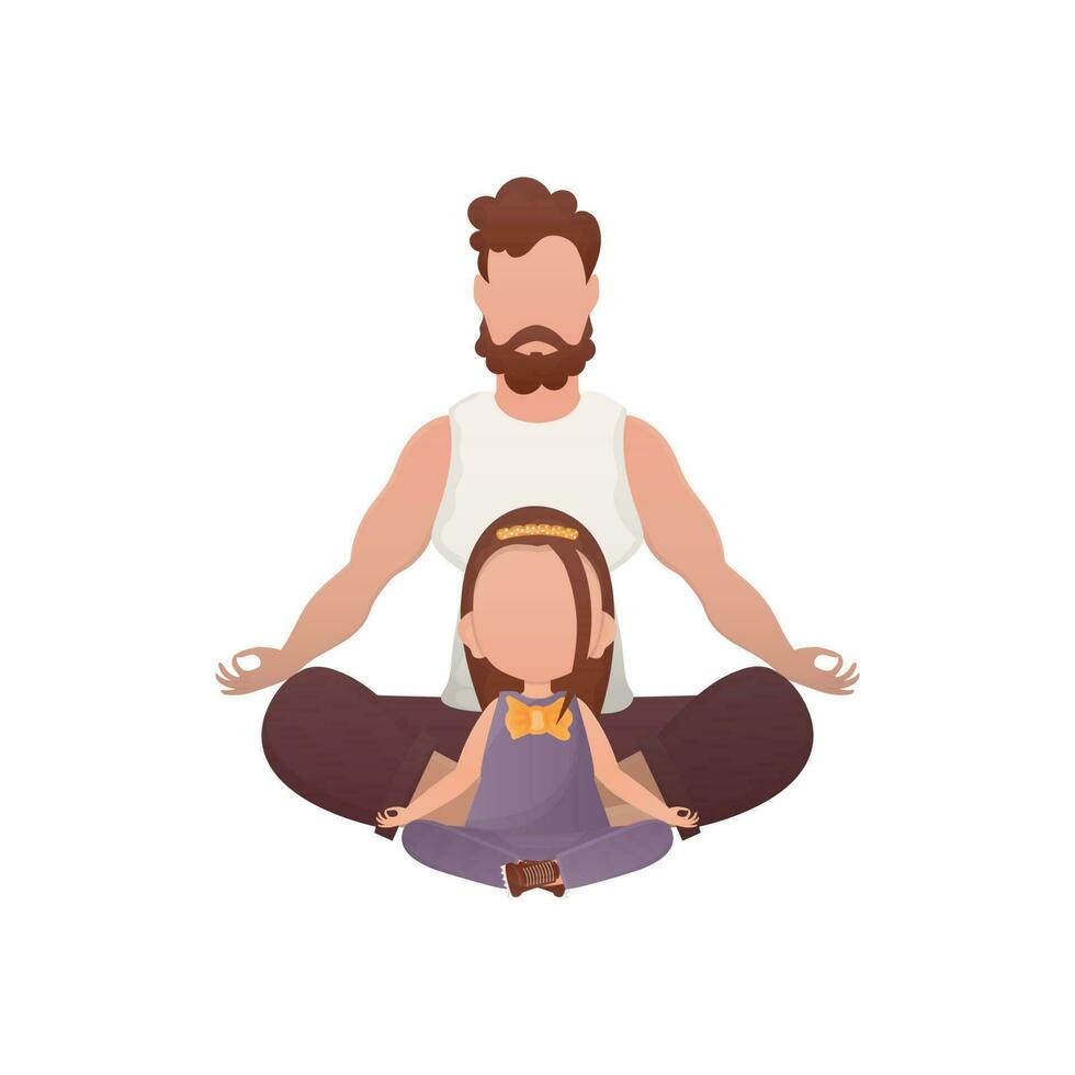 papa et fille sont séance méditer dans le lotus position. isolé. dessin animé style. vecteur