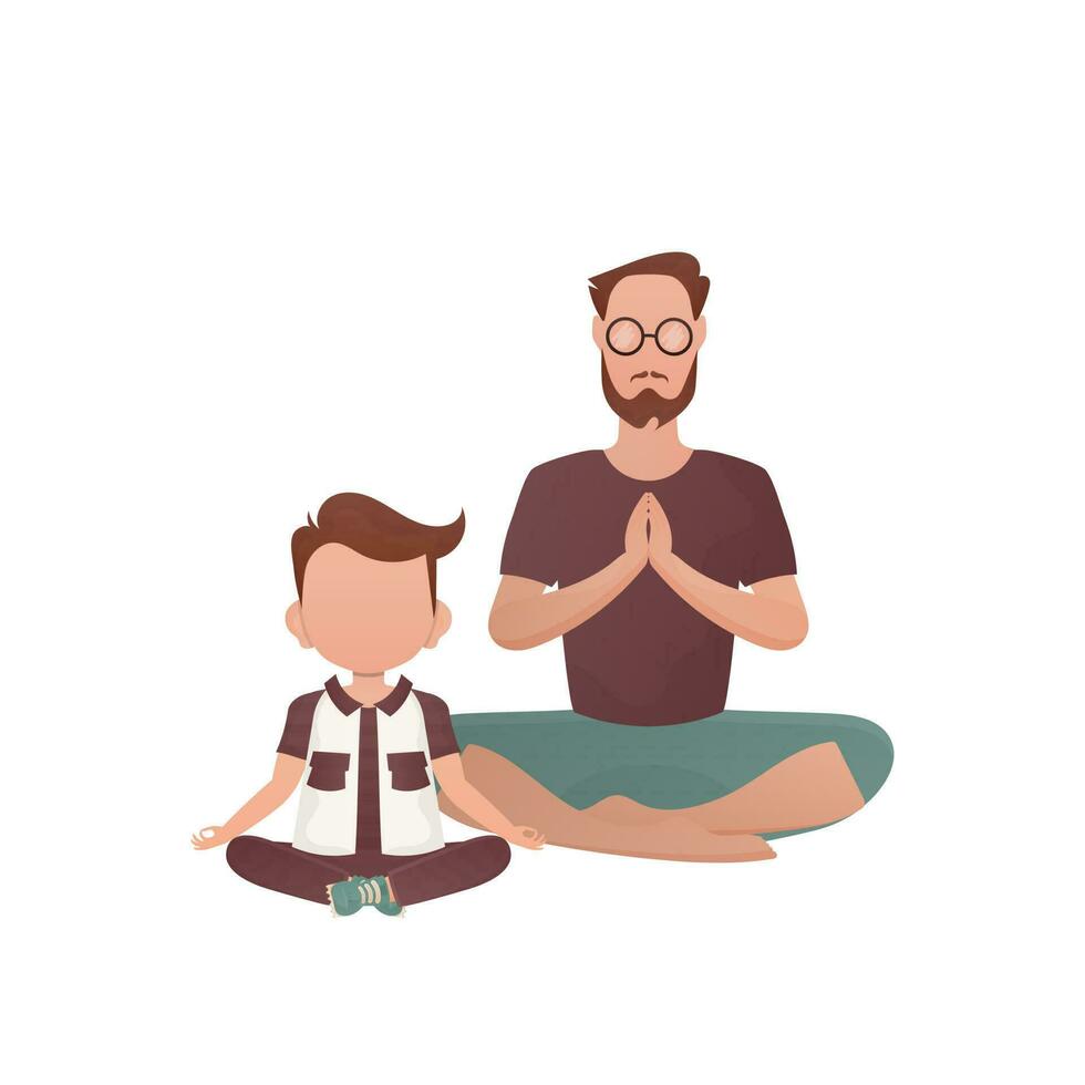 une homme avec une mignonne bébé est séance dans une lotus position. isolé. dessin animé style. vecteur