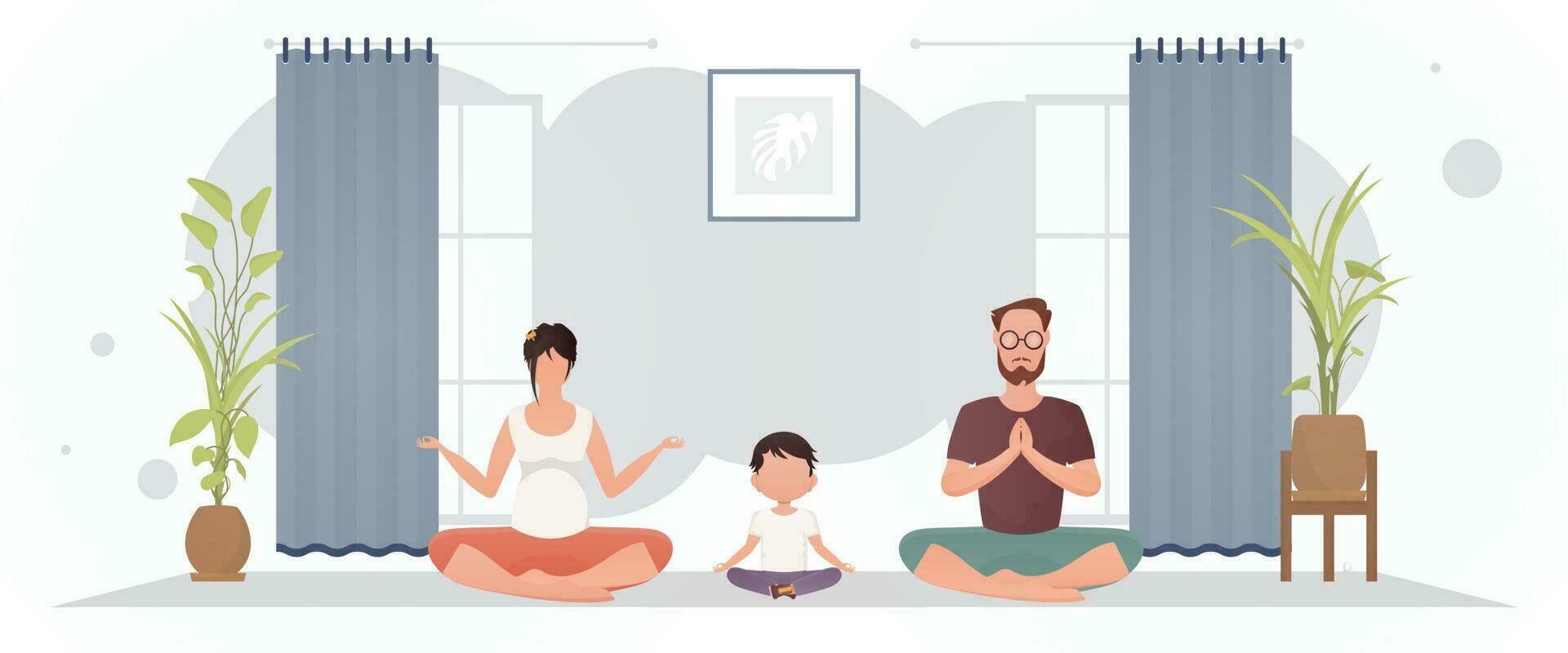 une homme et une femme avec une peu garçon sont méditer dans une chambre. yoga. dessin animé style. vecteur