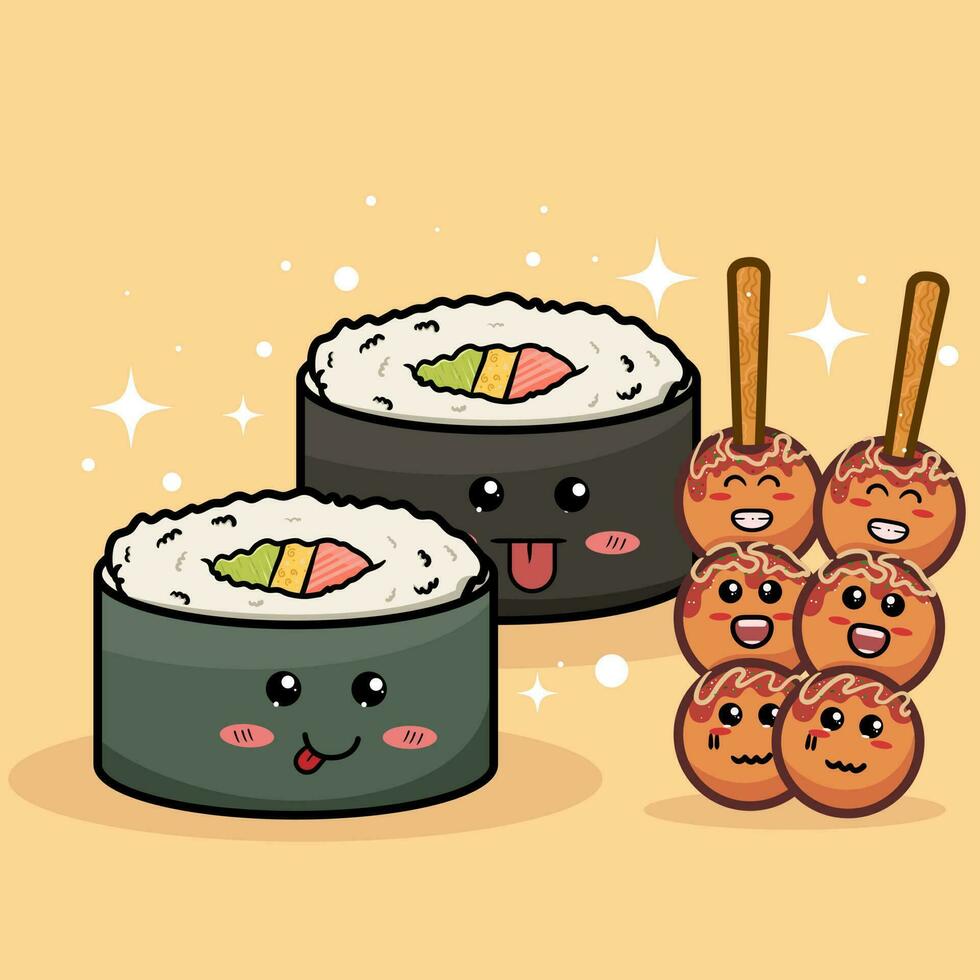 mignonne Sushi rouleau de sable takoyaki dans kawaii style avec souriant visages. Japonais traditionnel cuisine plats. pouvez être utilisé pour T-shirt imprimer, autocollant, salutation carte, menu conception. vecteur