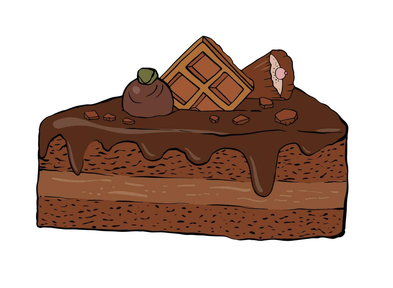 main tiré pièce de Chocolat gâteau illustration. isolé gâteau avec gaufres et des chocolats décoration. vecteur