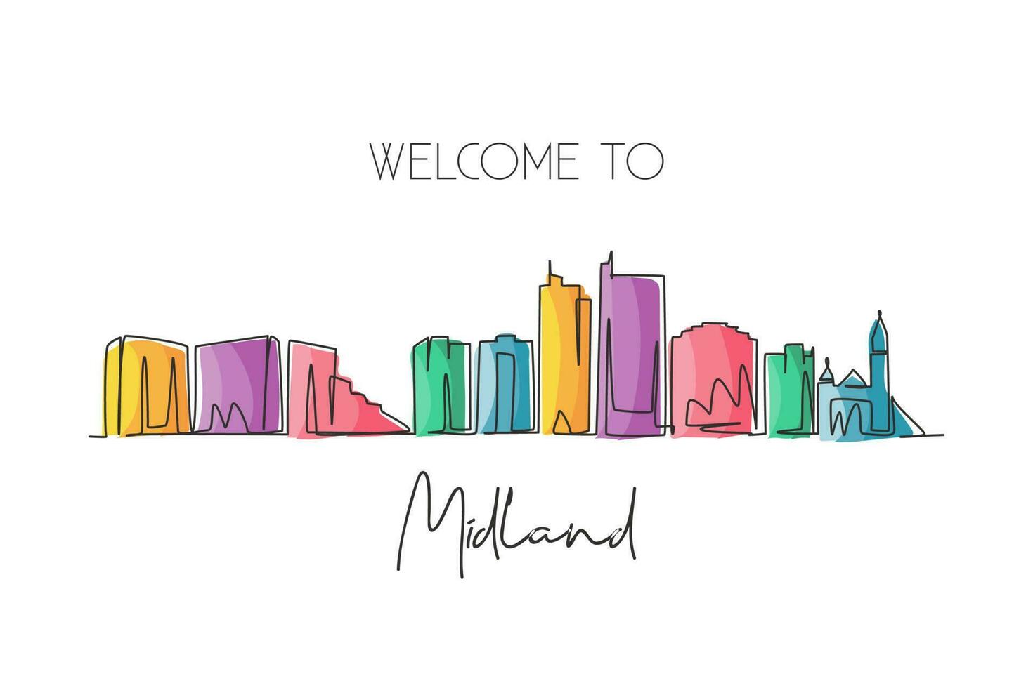 une seule ligne dessinant les toits de la ville de midland, texas. paysage de la ville historique du monde. meilleure carte postale de destination de vacances. trait modifiable ligne continue à la mode dessiner illustration vectorielle de conception graphique vecteur