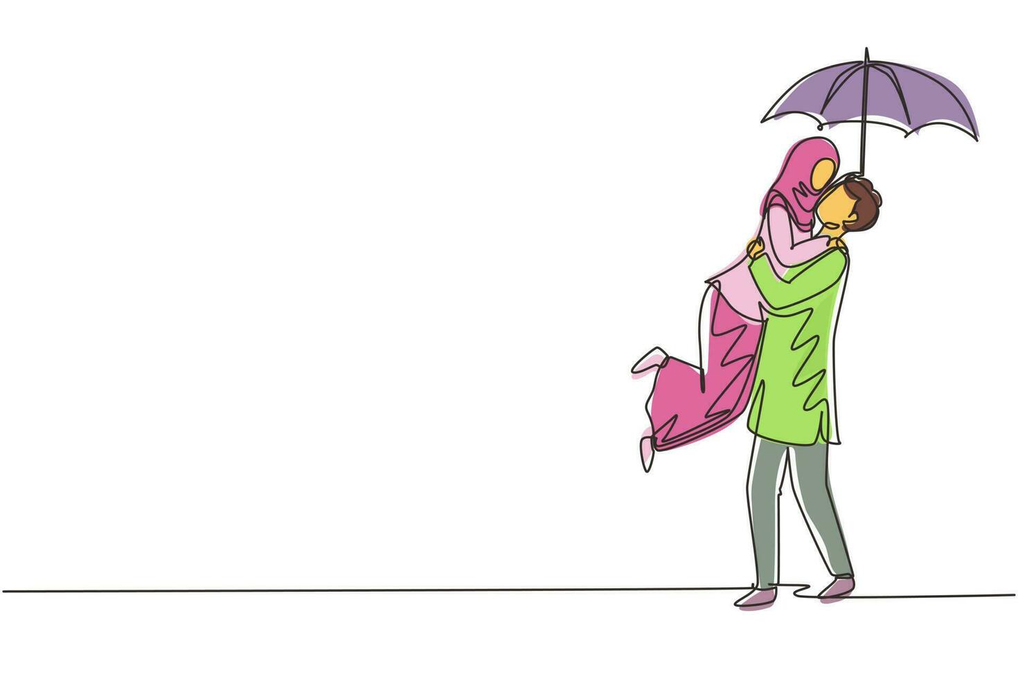 une seule ligne dessinant un joli couple arabe amoureux sous la pluie avec un parapluie. homme et femme heureux marchant au parc et sautant. couple marié relation amoureuse. graphique de conception de dessin en ligne continue vecteur