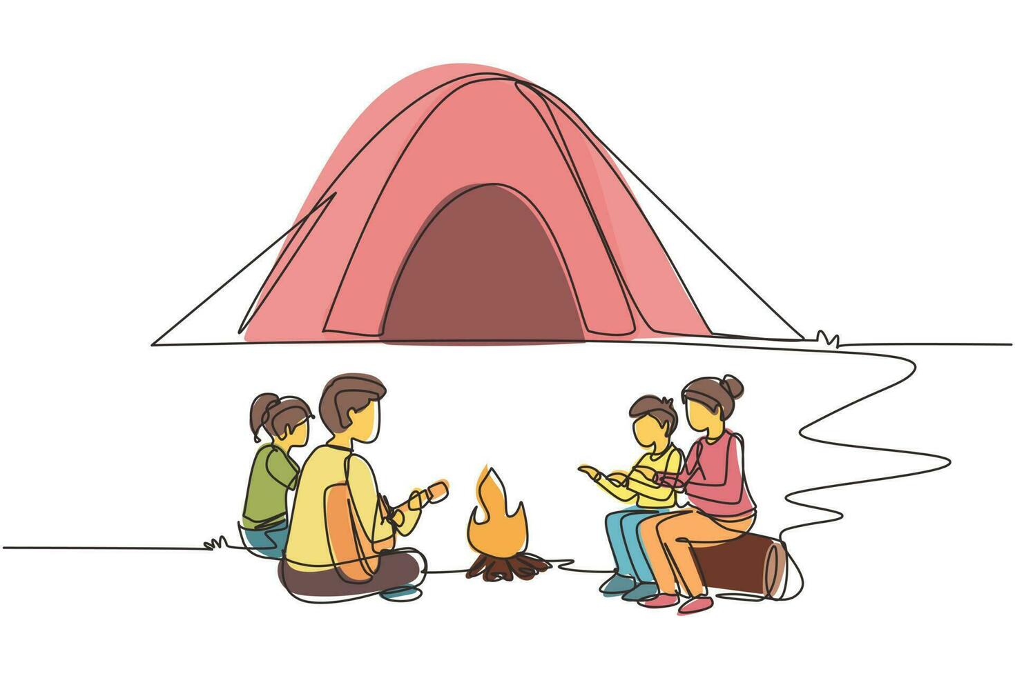 une seule ligne dessinant une famille de camping réchauffe son corps autour des tentes de feu de camp. papa jouant de la guitare, maman et enfants assis sur le sol et les bûches, chantent la chanson. ligne continue dessiner illustration vectorielle de conception vecteur