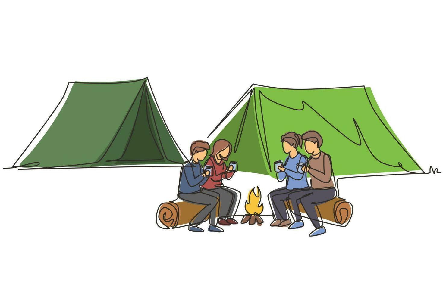 une seule ligne continue dessinant un homme et une femme heureux de deux paires se réchauffant près d'un feu de camp. groupe de personnes campant buvant du thé assis sur des bûches dans la forêt. une ligne dessiner illustration vectorielle de conception graphique vecteur