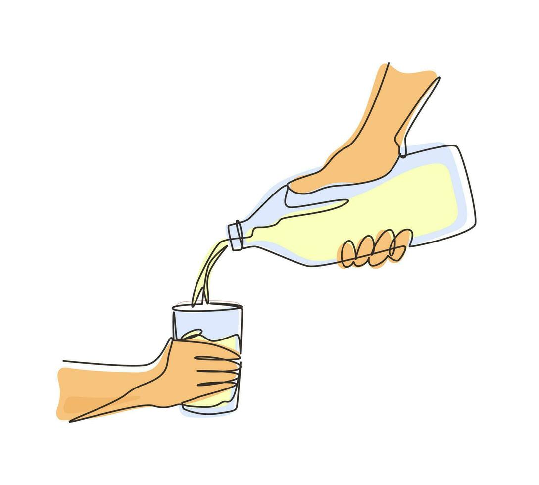 une ligne continue dessinant la main de la femme verse du lait frais de la bouteille en verre dans le verre. le concept de produits laitiers sains avec du calcium. routine matinale. illustration vectorielle de dessin à une seule ligne vecteur