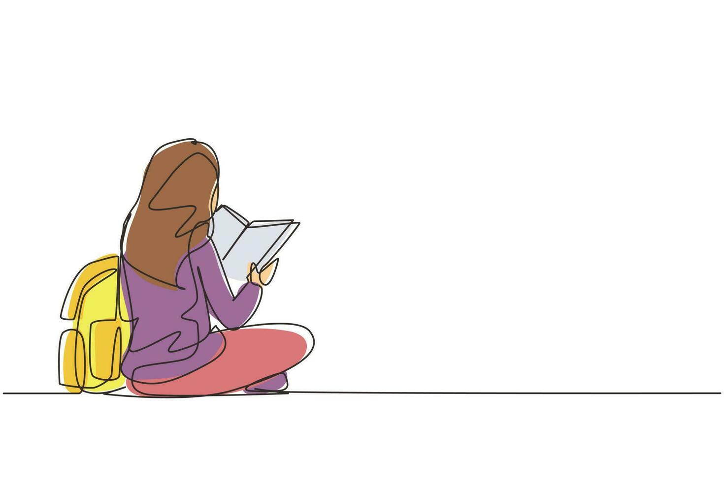 éducation au dessin en ligne continue unique. vue arrière femme assise sur le sol lisant un livre. étudiant se prépare à l'examen, retourne à l'école pour acquérir des connaissances. une ligne dessiner illustration vectorielle de conception vecteur