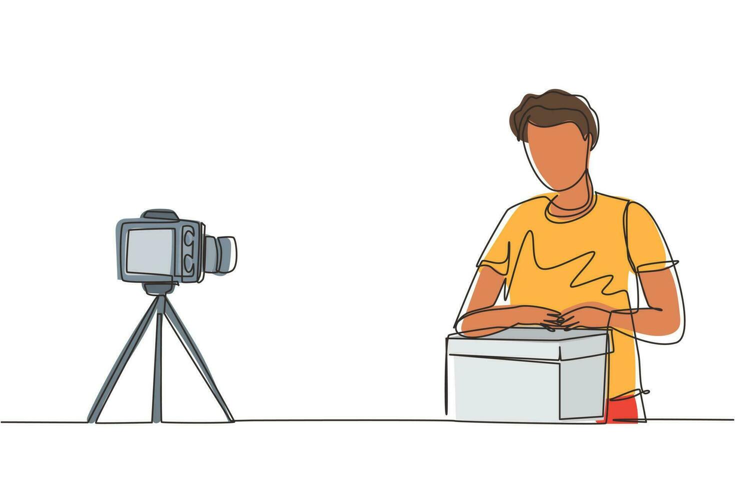 dessin en ligne continue unique vlogger masculin déballez et examinez le produit en direct sur youtube en studio. influenceur des médias sociaux enregistrant une vidéo de déballage à la maison. une ligne dessiner illustration vectorielle de conception vecteur