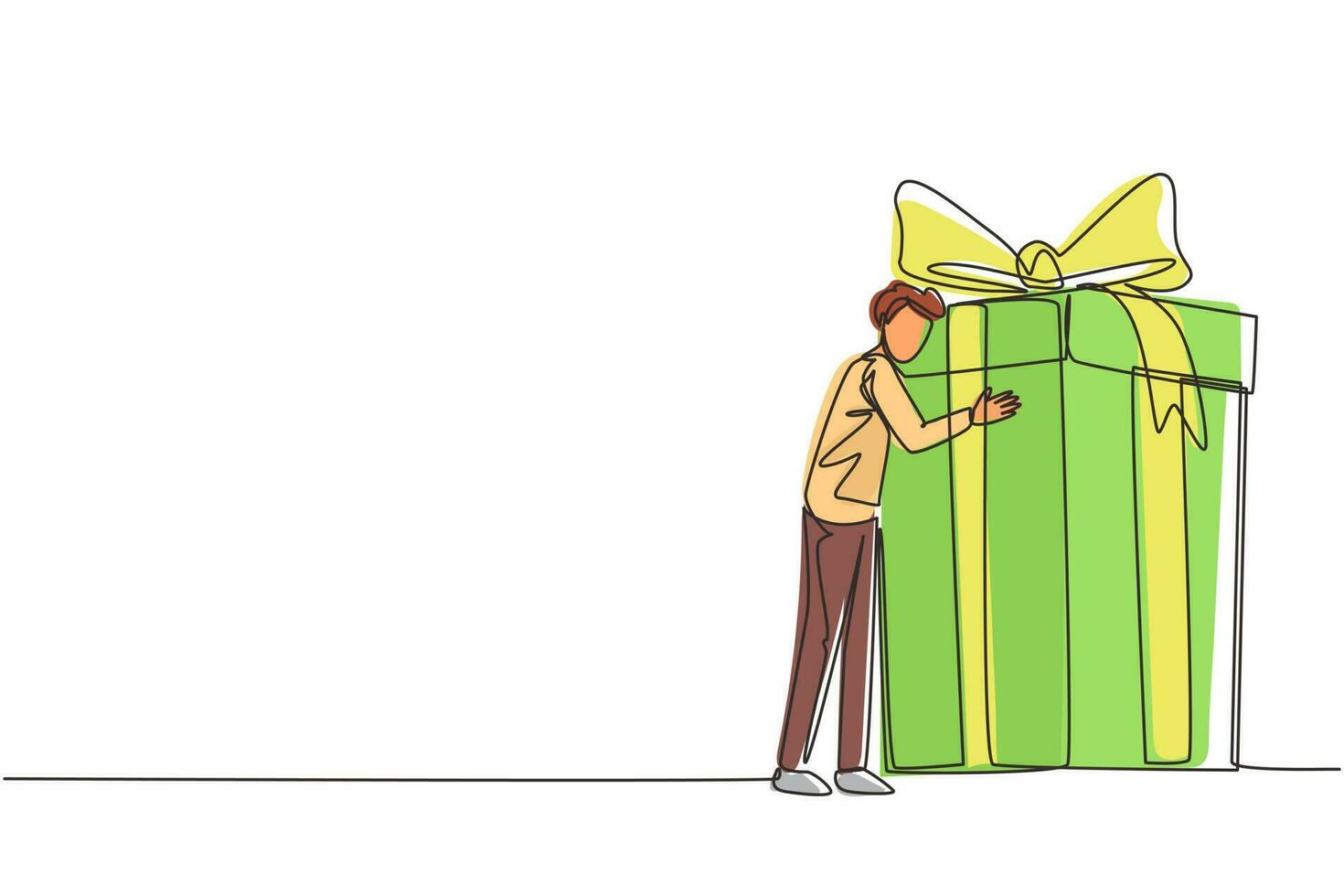 un dessin continu d'une ligne mec étreignant un énorme cadeau d'anniversaire. jeune homme satisfait debout près d'une boîte-cadeau d'anniversaire enveloppée avec un arc. cadeau, cadeau, anniversaire. illustration vectorielle de dessin à une seule ligne vecteur