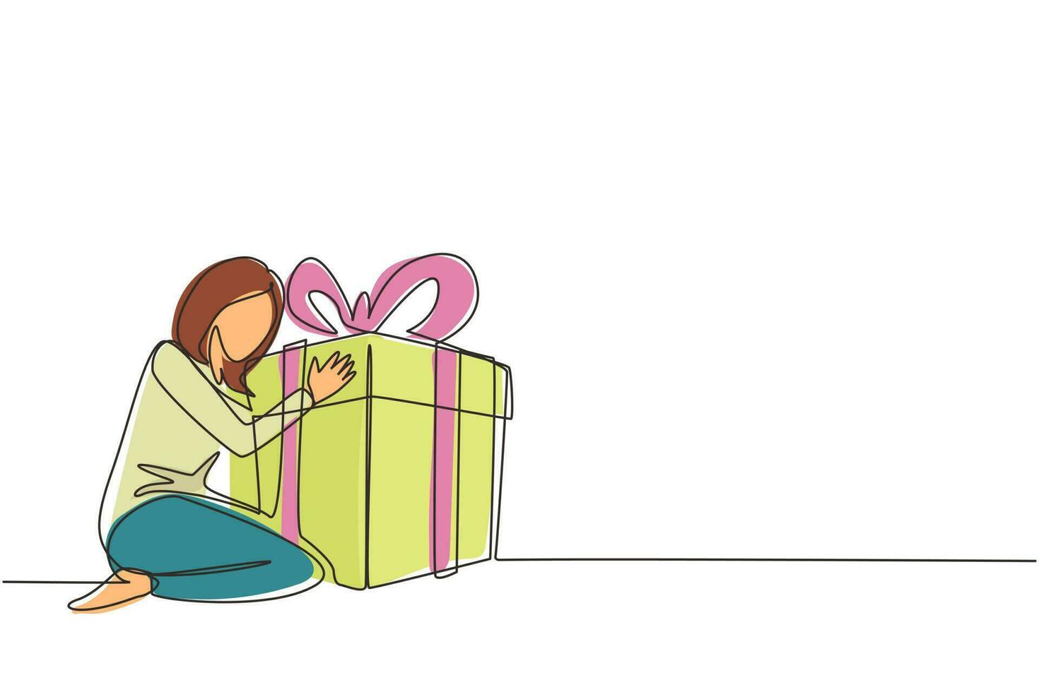 une seule ligne dessinant une femme caucasienne joyeuse étreignant un énorme cadeau d'anniversaire. jeune femme satisfaite assise près d'une boîte cadeau d'anniversaire enveloppée avec ruban. ligne continue dessin illustration vectorielle de conception vecteur