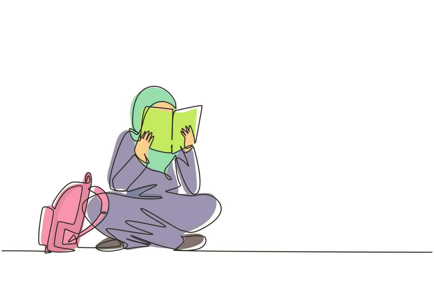 dessin d'une seule ligne heureuse jeune femme arabe lisant un livre assis sur le sol. lectrice intelligente appréciant la littérature, étudiant et se préparant à l'examen. ligne continue dessiner illustration vectorielle de conception vecteur