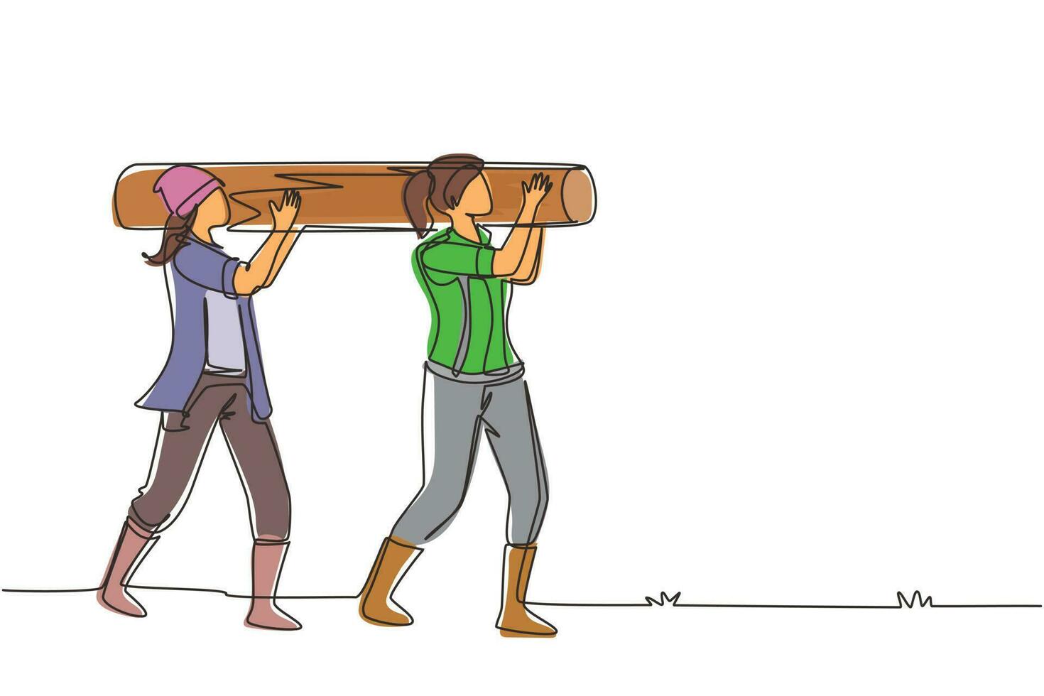 dessin d'une seule ligne couple d'ouvriers bûcherons portant une lourde bûche de bois sur les épaules. femmes bûcherons travaillant dans l'industrie de l'exploitation forestière. ligne continue dessiner illustration vectorielle de conception vecteur