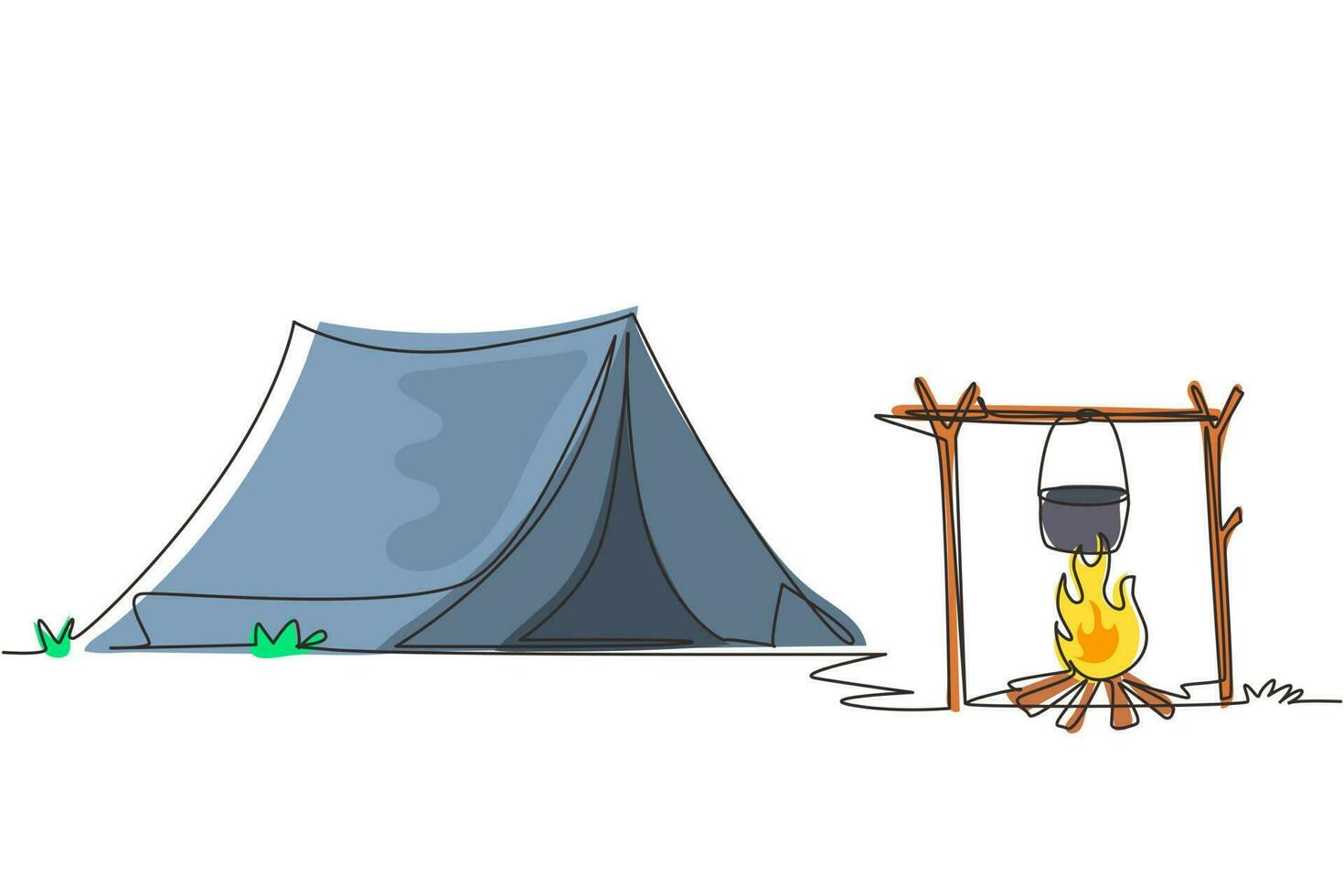 site de camping à dessin en ligne continue unique avec feu de joie de tente et équipement de pot. tente, feu de camp, pinède et montagnes rocheuses. aventures dans la nature. une ligne dessiner illustration vectorielle de conception graphique vecteur