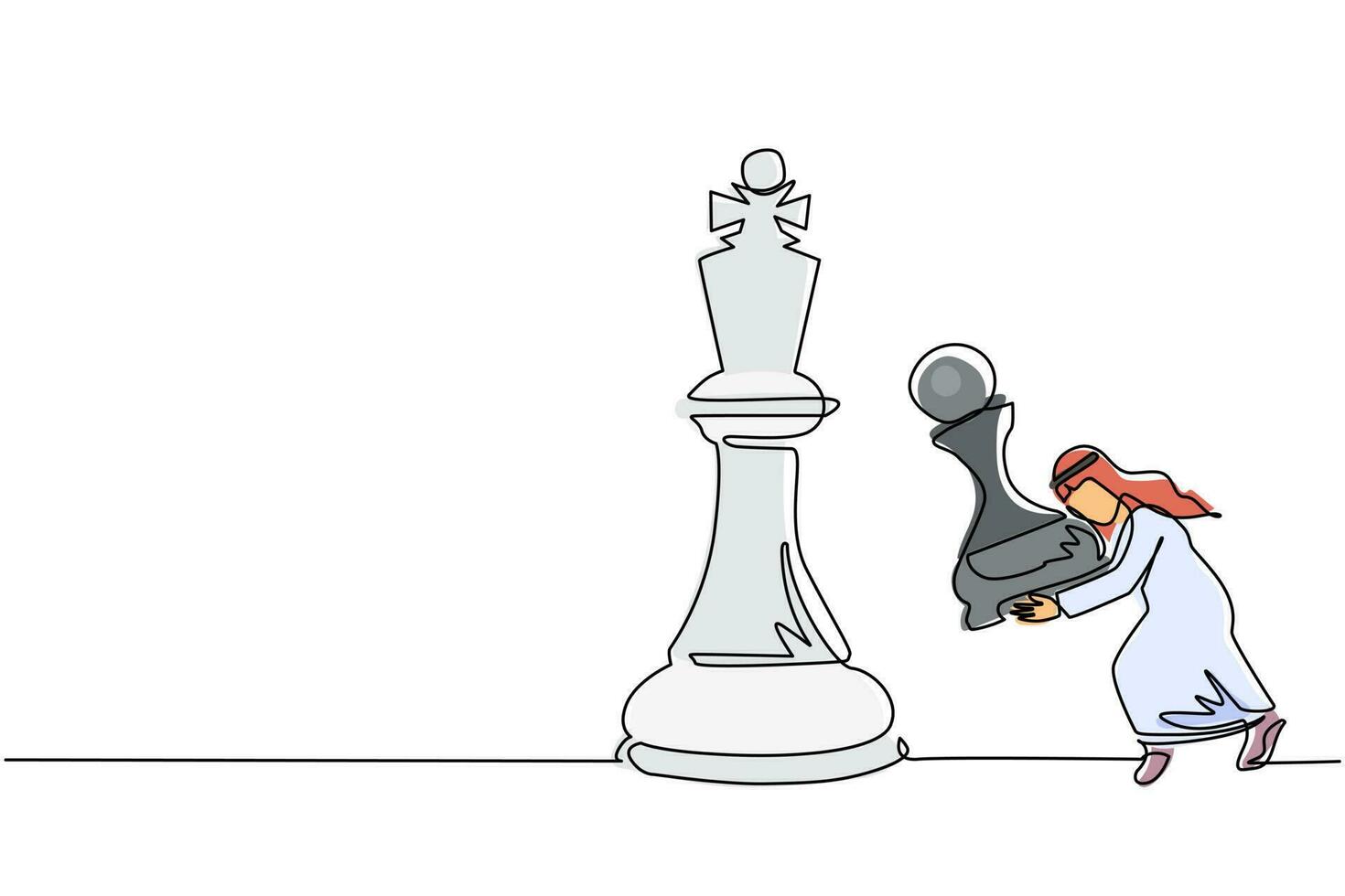 dessin d'une seule ligne homme d'affaires arabe tenant une pièce d'échecs de pion pour battre le roi des échecs. planification stratégique, stratégie de développement des affaires, tactiques en entrepreneuriat. vecteur de conception de dessin en ligne continue