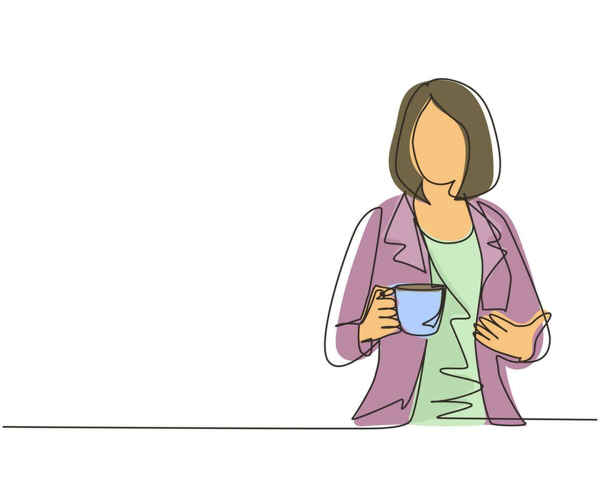 une seule ligne dessinant une femme d'affaires tenant et montrant une tasse de café assise dans le café. code vestimentaire des entreprises. profitez d'un moment de détente après le bureau. ligne continue dessiner illustration vectorielle de conception vecteur