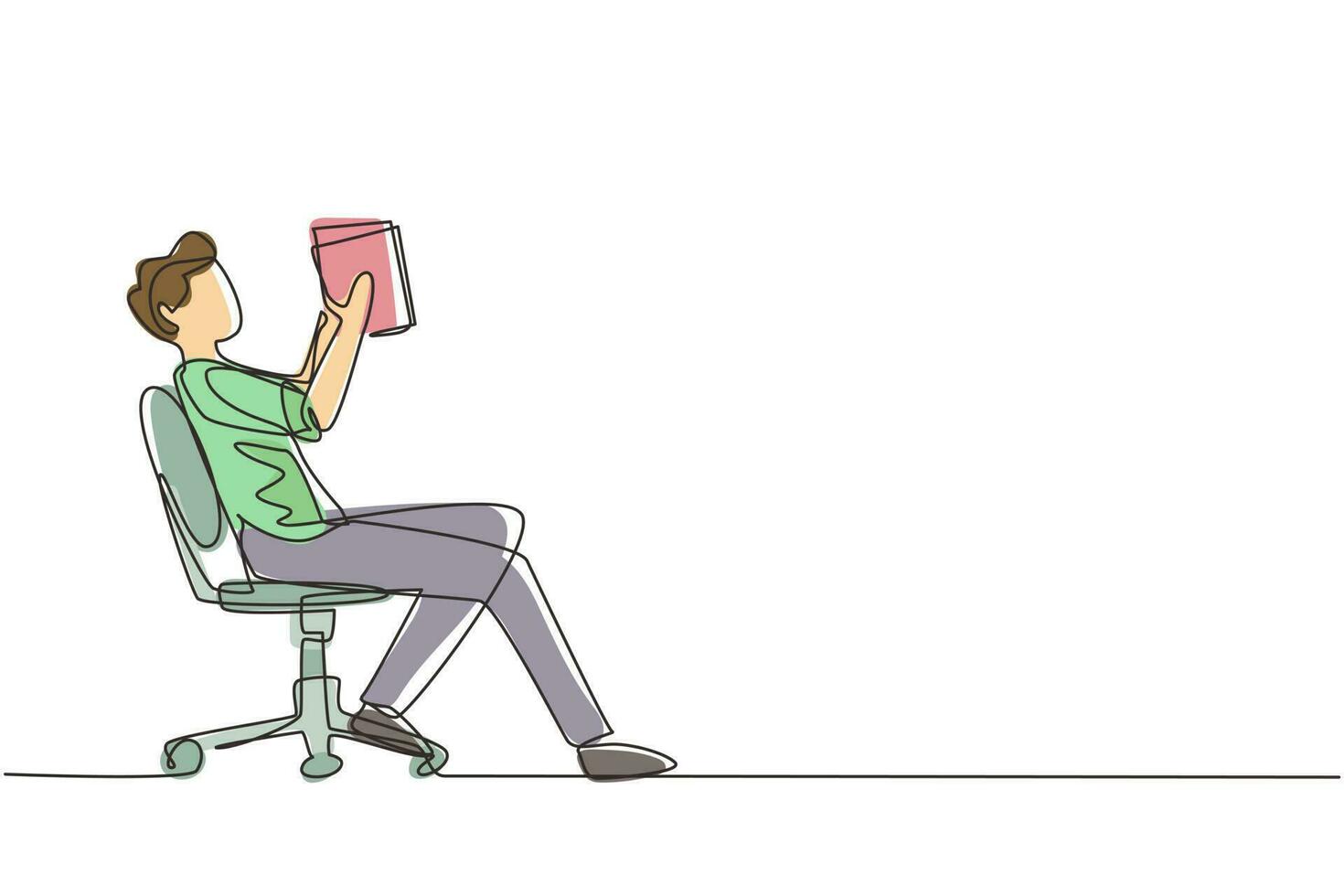 dessin en ligne continue garçon lit un livre sur une chaise. vue latérale du processus d'apprentissage sortant par le jeune homme. style de garçon passant son temps libre en lisant de la littérature. vecteur de conception de dessin d'une ligne