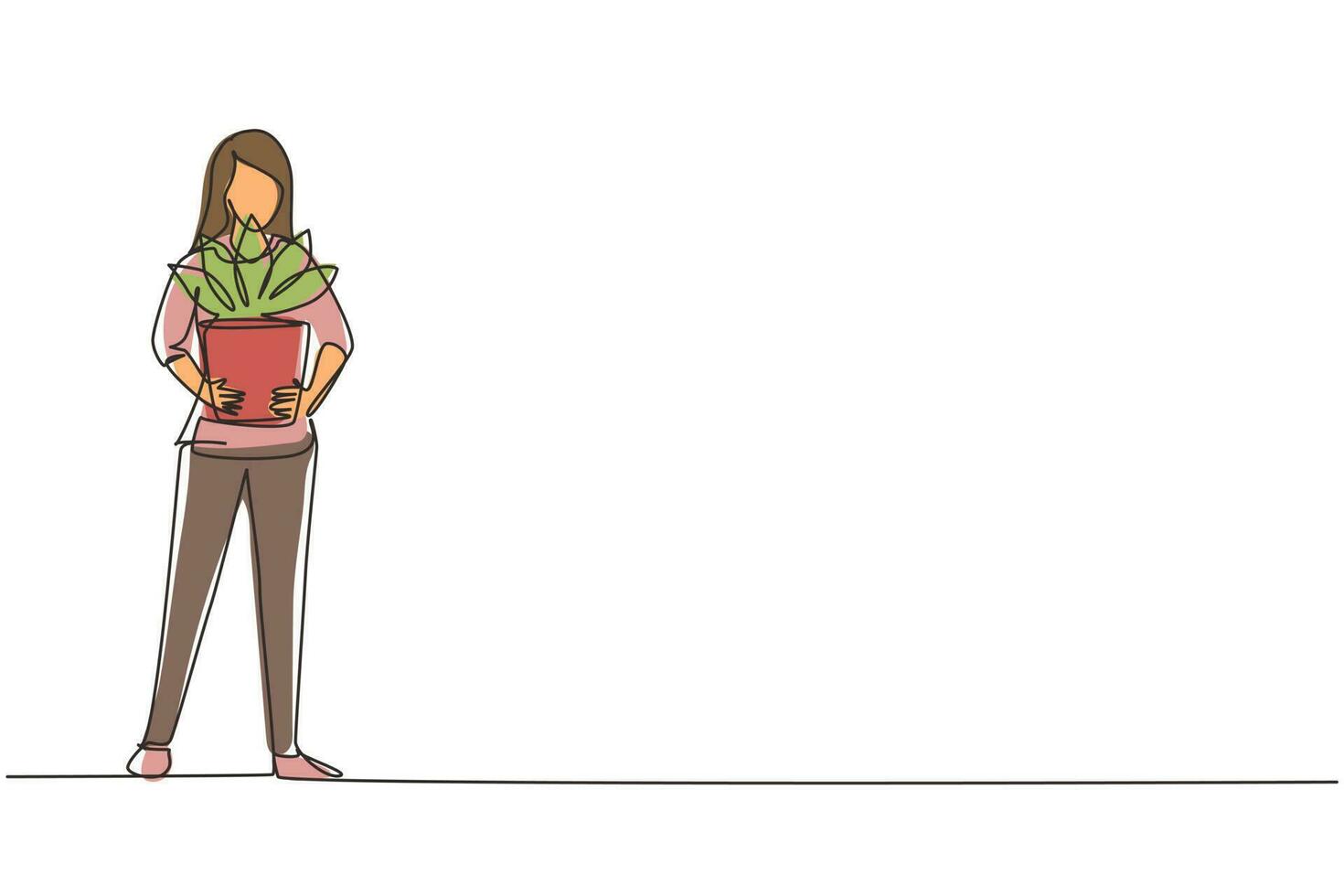 une seule ligne dessinant une jolie fille debout et tenant des plantes d'intérieur dans des pots. femme prenant soin des plantes d'intérieur. plantes en pot dans la maison. illustration vectorielle graphique de conception de ligne continue moderne vecteur