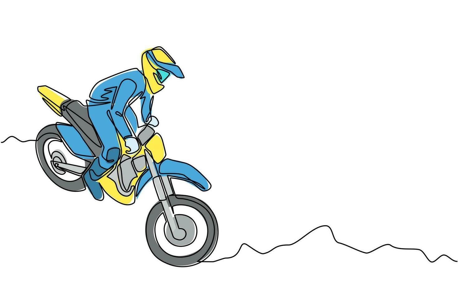 une ligne continue dessinant un jeune pilote de motocross en vélo de motocross. compétition de moto de motocross. enduro, freestyle motocross sport extrême. illustration graphique vectorielle de conception de dessin à une seule ligne vecteur