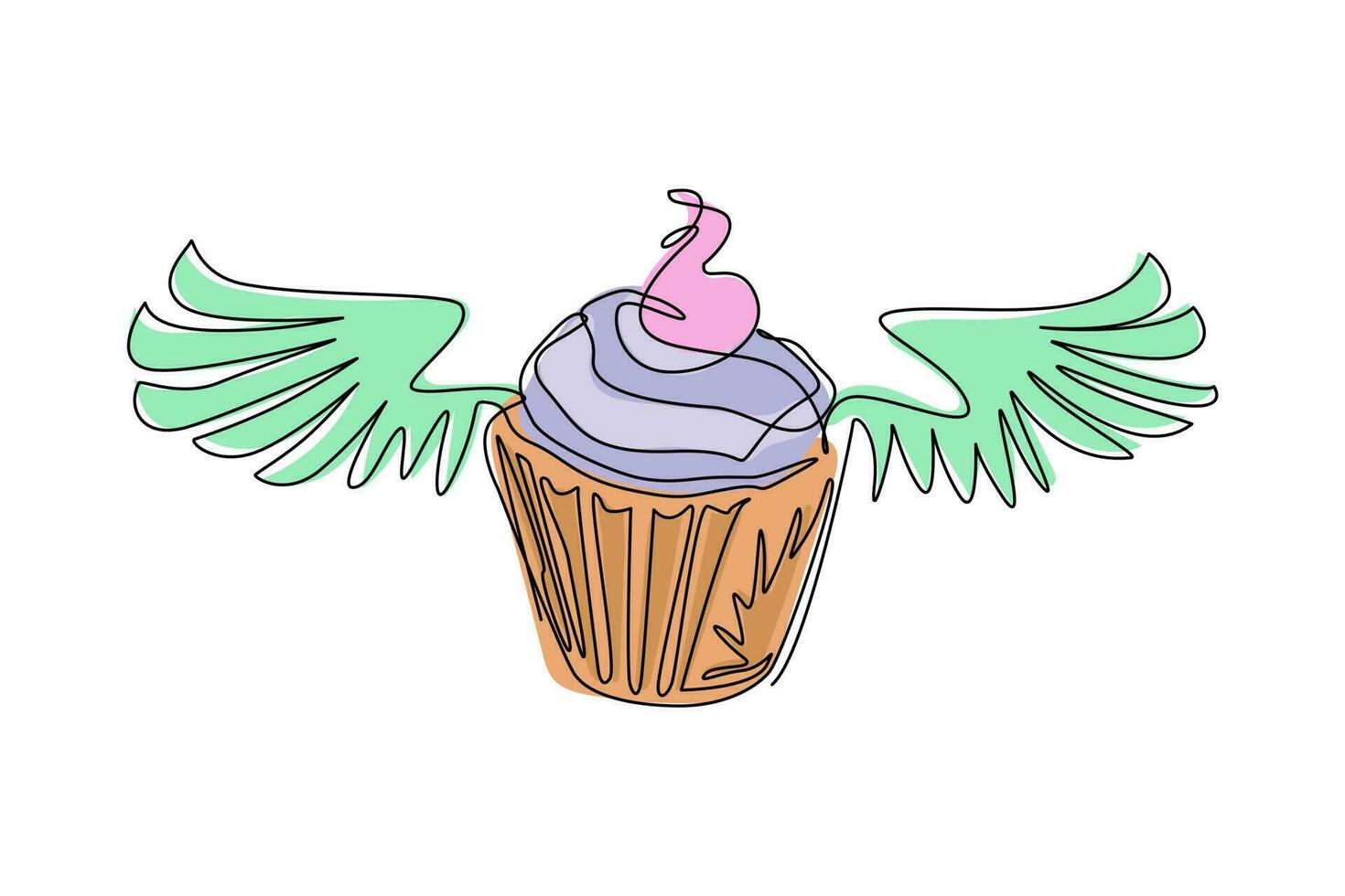 une seule ligne continue dessinant un délicieux cupcake avec le symbole d'icône d'ailes isolé. logo cupcake minimal ailé. logotype de mascotte mignonne de boulangerie. dynamique une ligne dessiner illustration vectorielle de conception graphique vecteur