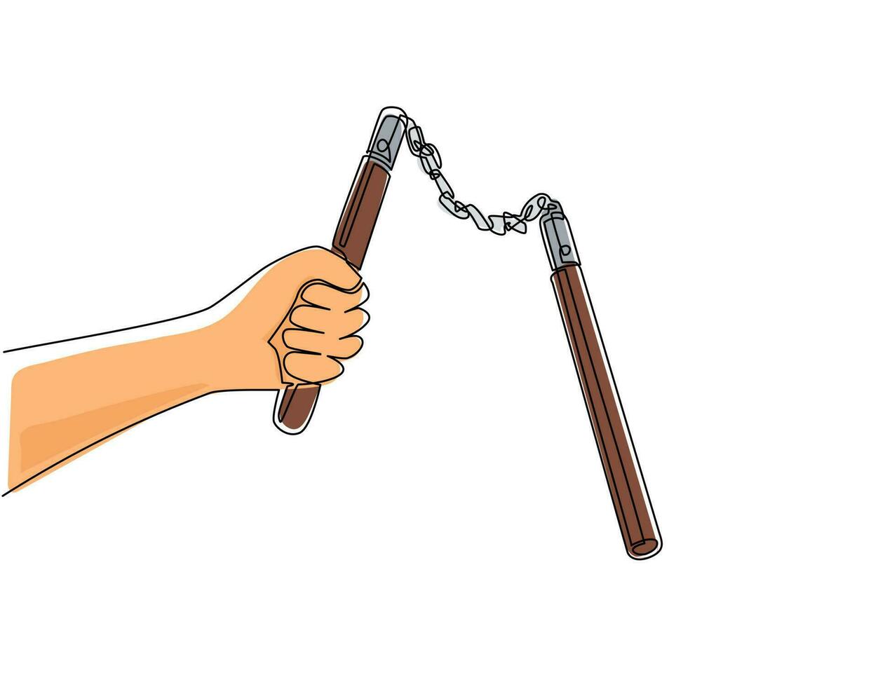 une seule ligne continue dessinant les mains de l'homme tenant un double bâton. nunchaku arme traditionnelle d'arts martiaux d'Okinawa. homme poings tranchant arme. dynamique une ligne dessiner illustration vectorielle de conception graphique vecteur