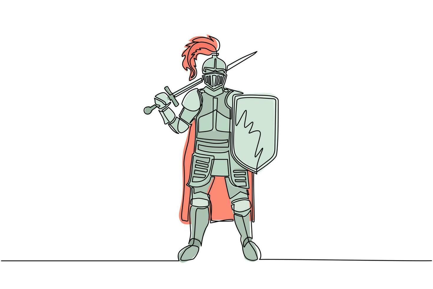 une seule ligne dessinant un chevalier médiéval debout dans une armure et un casque tenant un bouclier et une épée. caractère militaire antique historique. prince ancien combattant. vecteur graphique de conception de dessin en ligne continue