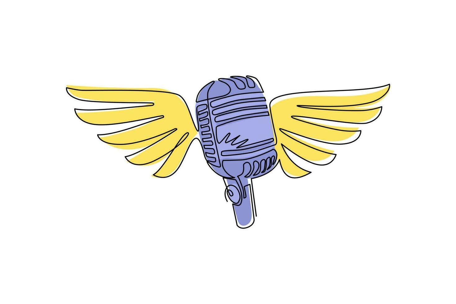 micro créatif dessinant une seule ligne continue avec des ailes. musique karaoké avec microphone, ailes. divertissement, concept musical pour bannière ou affiche rétro. une ligne dessiner illustration vectorielle de conception graphique vecteur