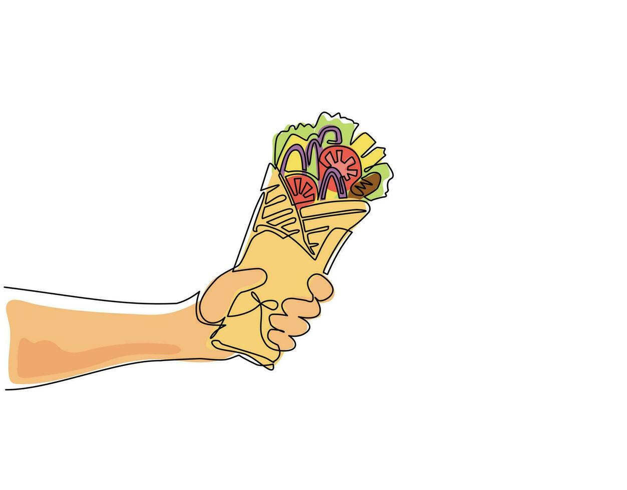 une seule ligne dessinant une main tenant de la nourriture shawarma. délicieux rouleau arabe avec viande, salade, tomate. kebab au poulet et à l'oignon. pour la carte du restaurant. ligne continue dessiner illustration vectorielle de conception vecteur