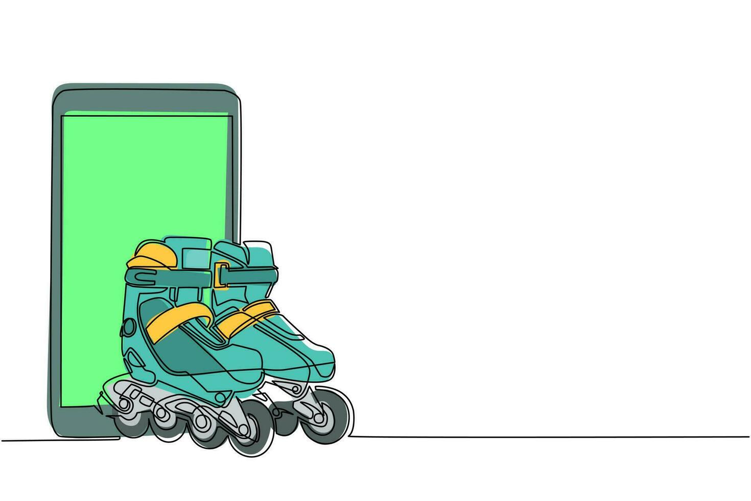 smartphone à une seule ligne et patin à roues alignées. paire de vieilles chaussures de patin à roulettes quad rétro en plastique. concept de sport de remise en forme sain. illustration vectorielle graphique de conception de ligne continue moderne vecteur