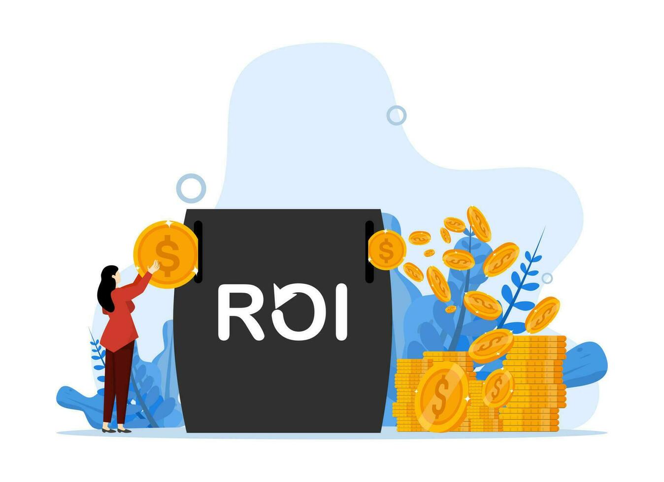 roi, femmes investir pièces de monnaie dans roi boîte à avoir profit dos. revenir sur investissement Coût performance mesure investi et profit efficacité, commercialisation Coût à gagner campagne Succès concept vecteur