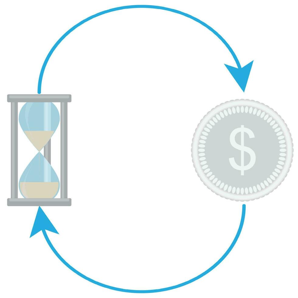 cycle temps et argent. pièce de monnaie argent et le sable verre. vecteur plat conception illustration