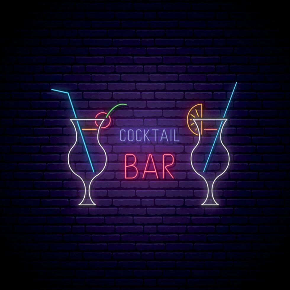 néon cocktail bar enseigne. embrasé cocktail des lunettes avec pailles et texte. vecteur