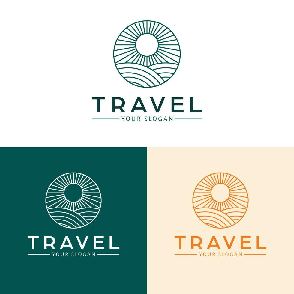 Voyage vecteur logo conception. champ et le coucher du soleil logotype. la nature paysage logo modèle.