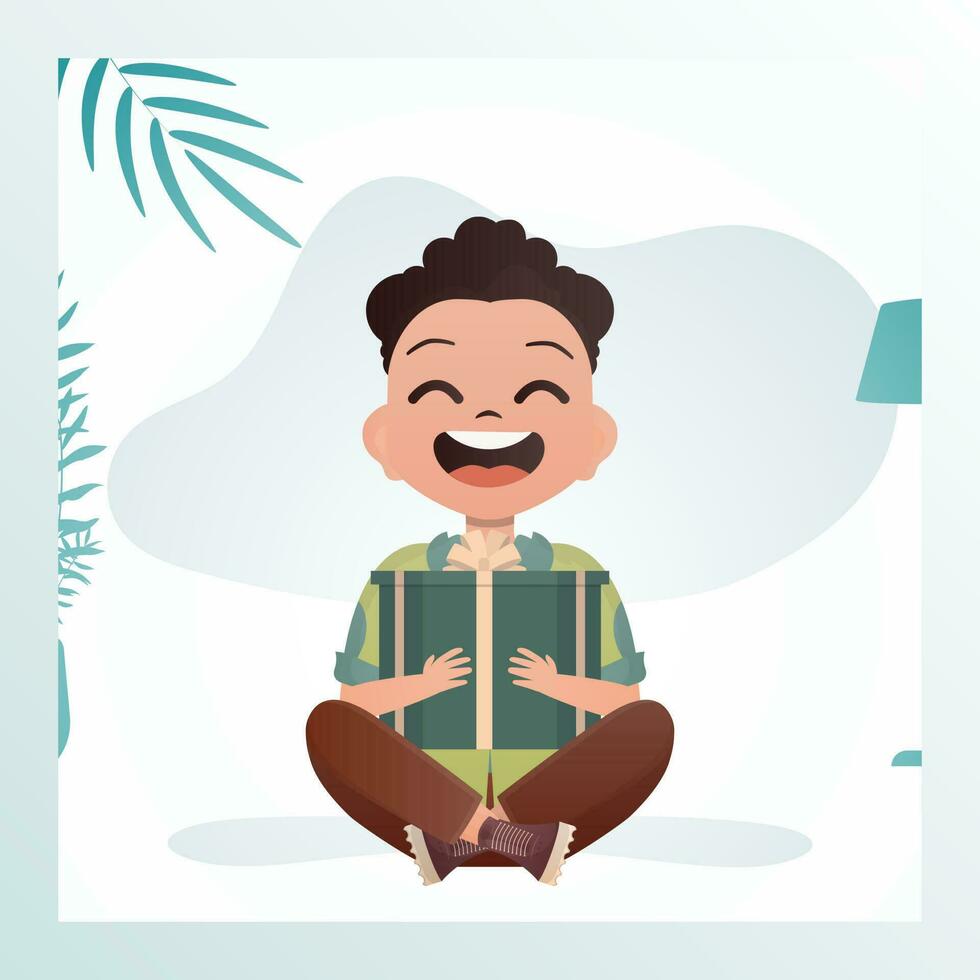 souriant enfant garçon est assis dans une lotus position et détient une boîte avec une arc dans le sien mains. vacances thème. vecteur illustration dans dessin animé style.