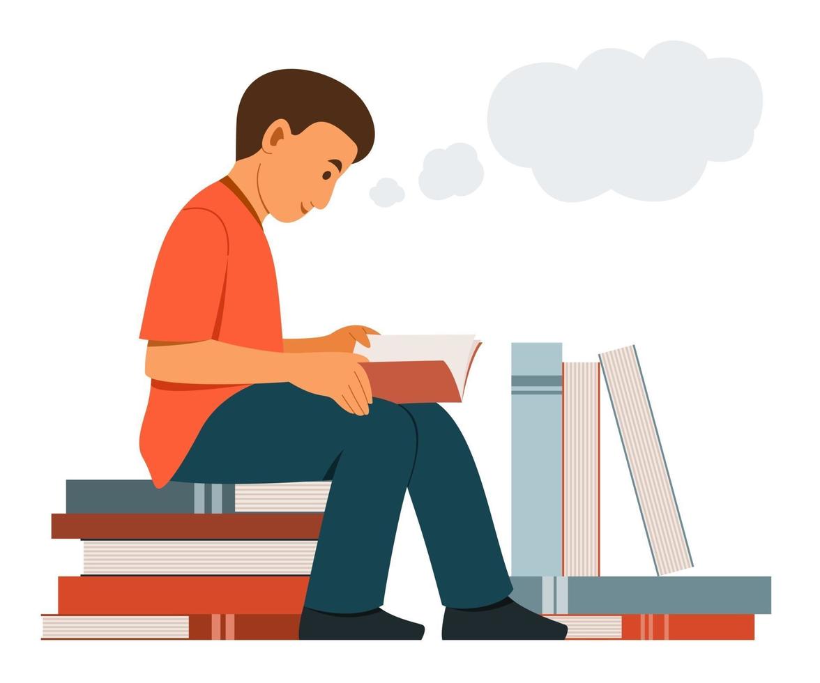 garçon est assis sur la pile de gros livres et lit un livre et pense à une bonne idée. vecteur
