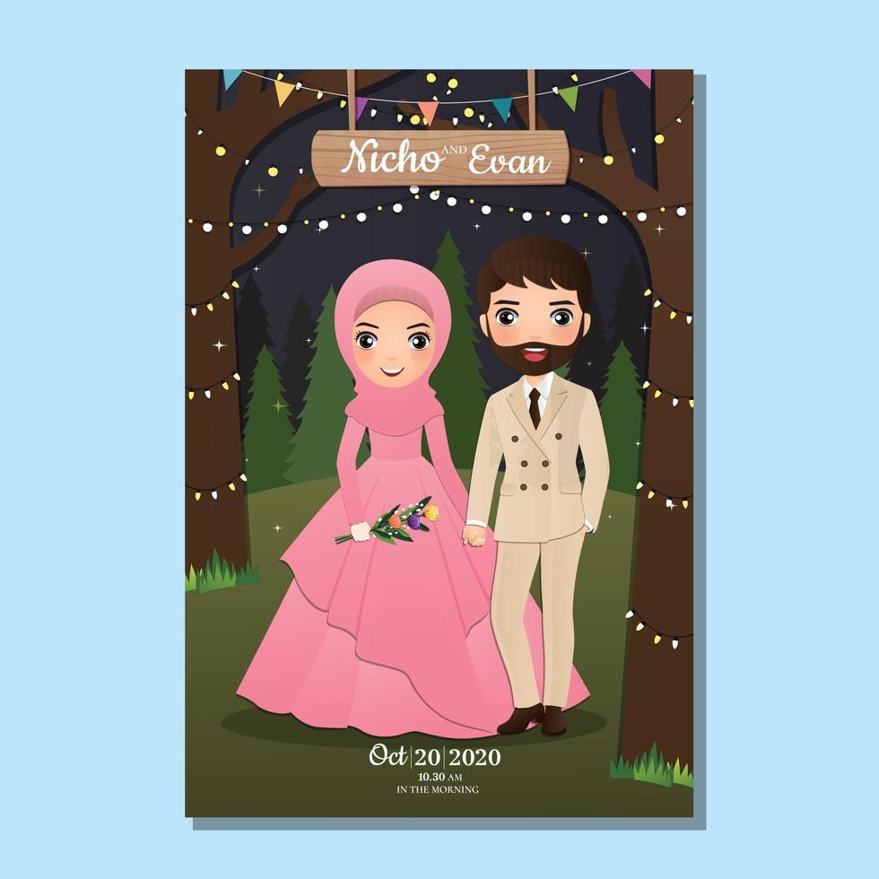 carte d & # 39; invitation de mariage la mariée et le marié dessin animé mignon couple musulman avec paysage beau fond vecteur