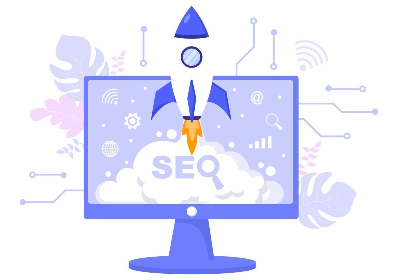 illustration vectorielle d'optimisation SEO pour moteur de recherche, développement d'applications, pages Web et signets. page de destination ou modèle de bannière vecteur