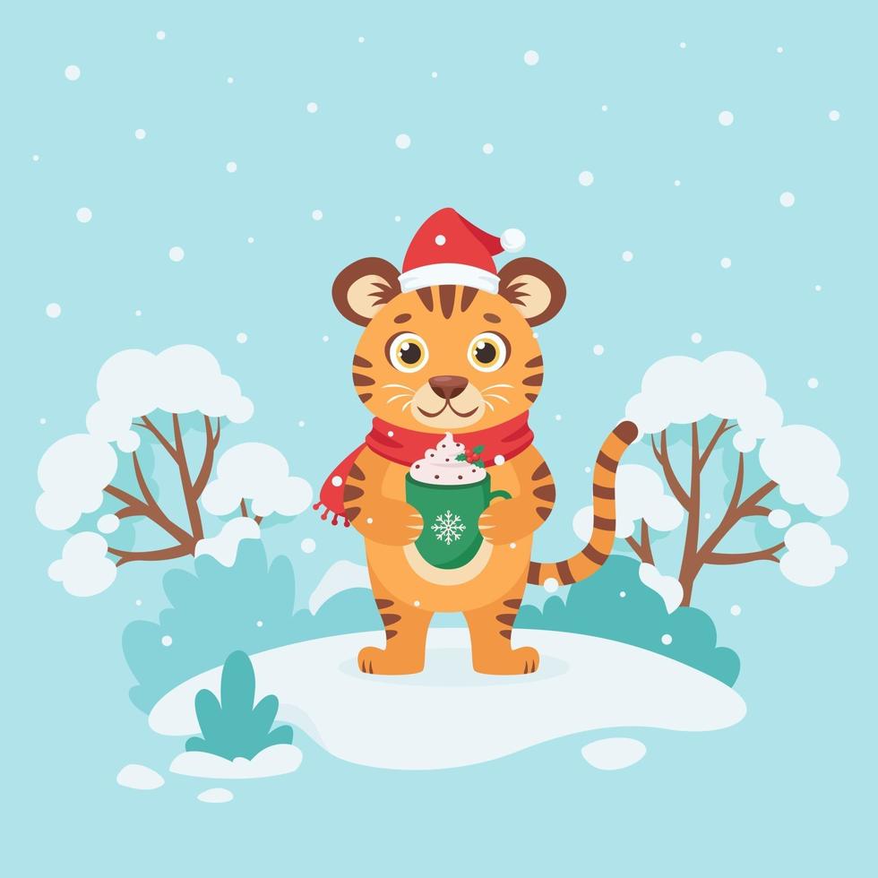 Tigre mignon dans une écharpe avec une tasse de café souhaite un joyeux Noël vecteur