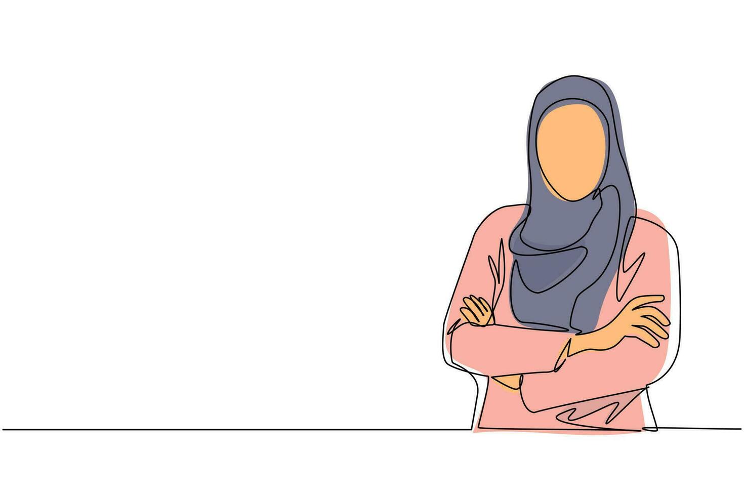 une seule ligne continue dessinant une jeune femme d'affaires arabe debout avec les bras croisés. jolie femme en hijab avec les bras croisés debout isolé. dynamique une ligne dessiner illustration vectorielle de conception graphique vecteur