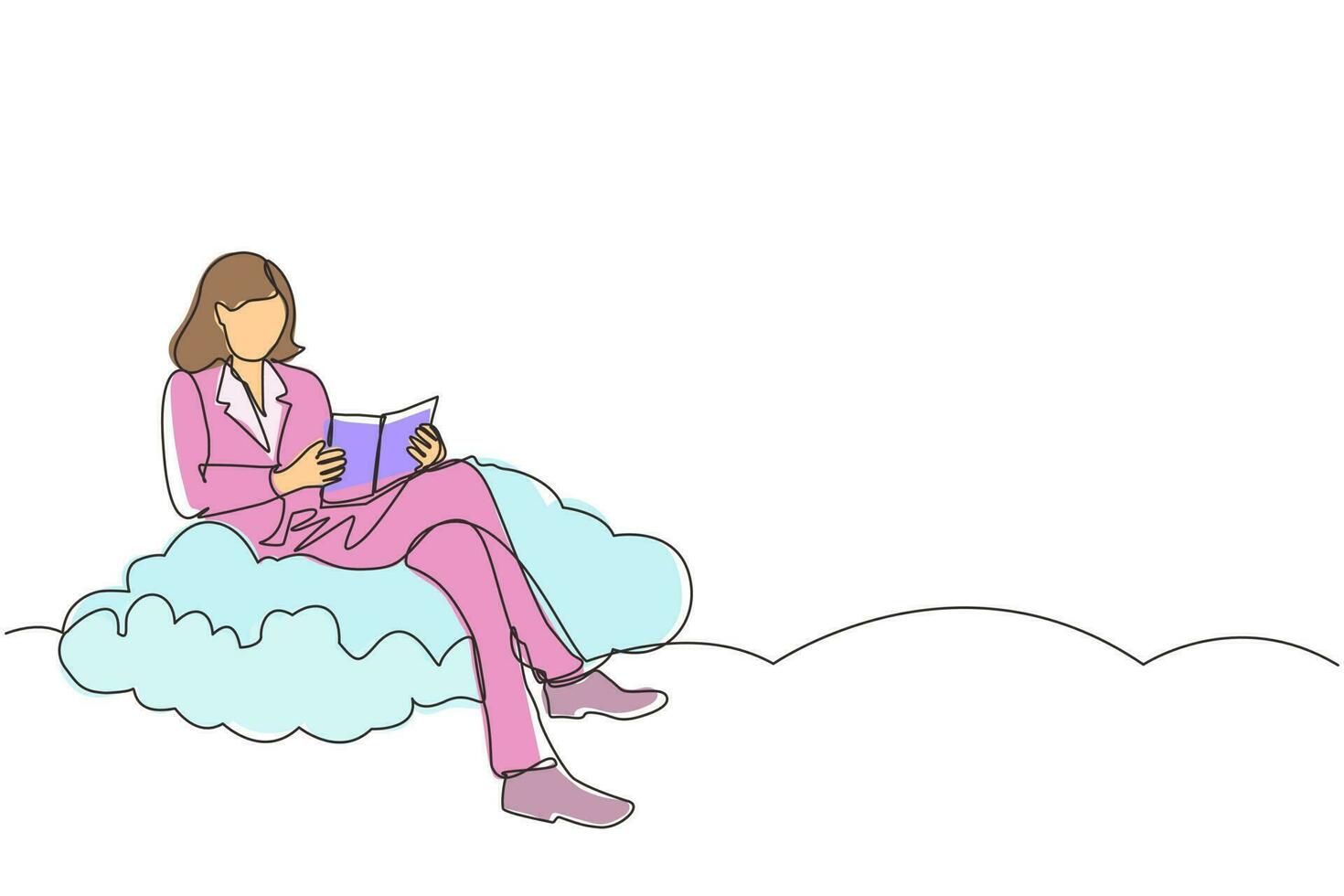 femme de dessin en ligne continue unique assise sur un livre de lecture en nuage. femme d'affaires. prof. commercialisateur. directeur. chef. financier. l'enseignement supérieur. évolution de carrière. une ligne dessiner vecteur de conception graphique